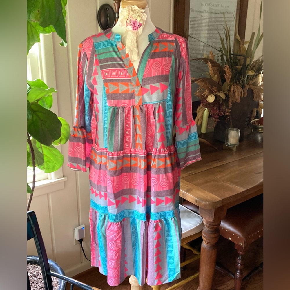 NWT PINK/BLUE PRINT SUMMER DRESS MEDIUM - Picture 2 of 11